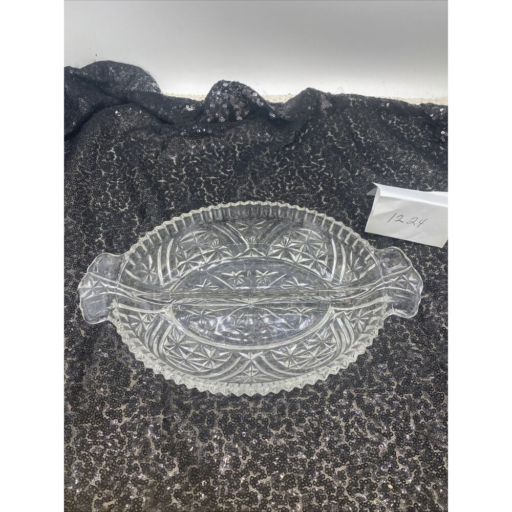 Vintage Crystal Cut Glass Divided Dish Scallop Edge Candy Pickle Trinket 10”x 6” - Picture 2 of 11